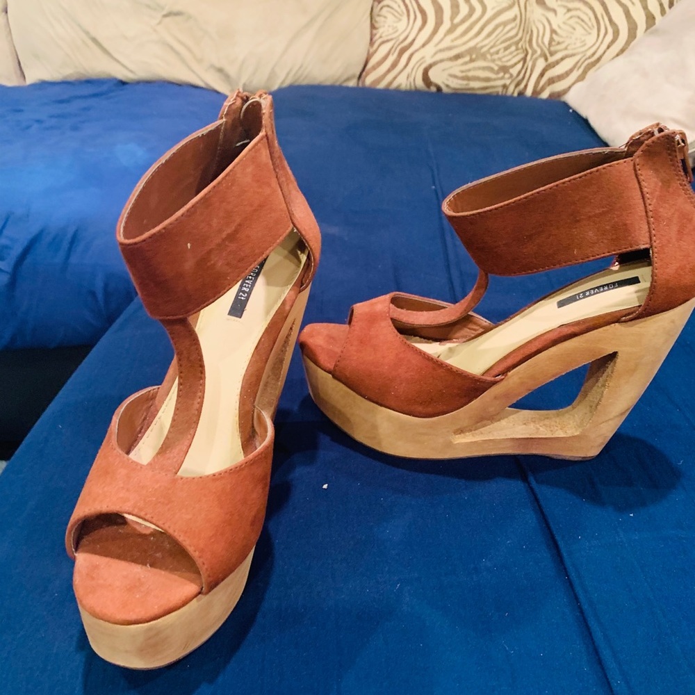 Forever 21 Brown Wooden Block  Wedges (Heels)